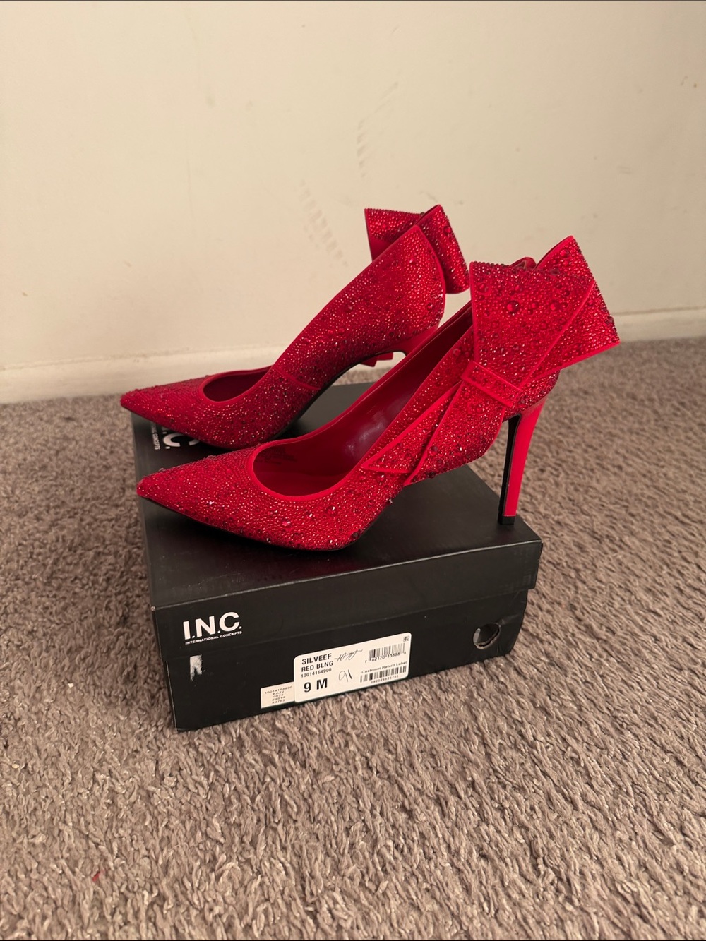 INC International Concepts Red Crystal Bow Pointed Stiletto Pumps
